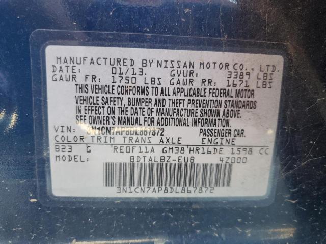 3N1CN7AP8DL867872 - 2013 NISSAN VERSA S BLUE photo 12