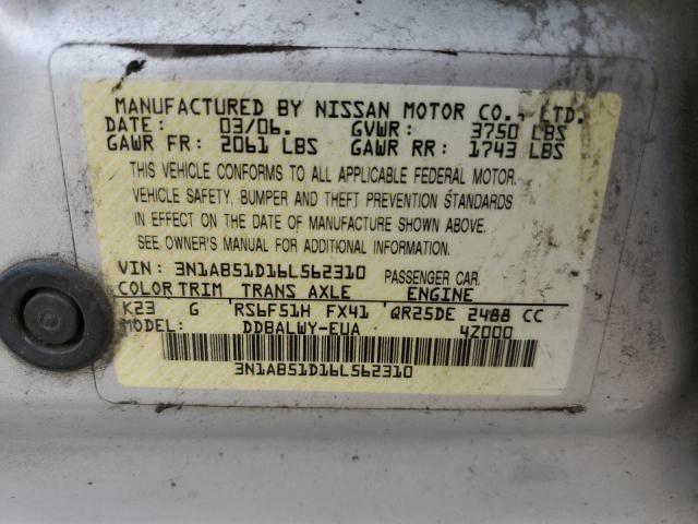 3N1AB51D16L562310 - 2006 NISSAN SENTRA SE-R SPEC V SILVER photo 12