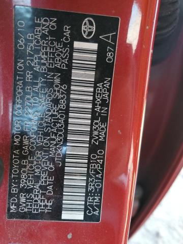 JTDKN3DU3A0188376 - 2010 TOYOTA PRIUS RED photo 12