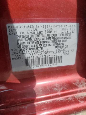 3N1CN7AP0KL867717 - 2019 NISSAN VERSA S RED photo 12