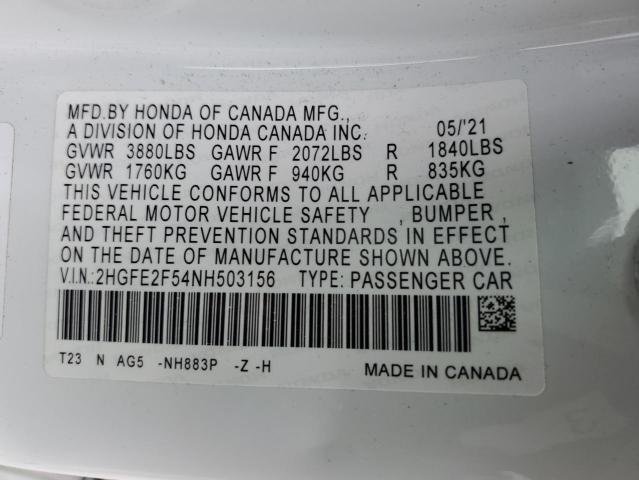 2HGFE2F54NH503156 - 2022 HONDA CIVIC SPORT WHITE photo 12