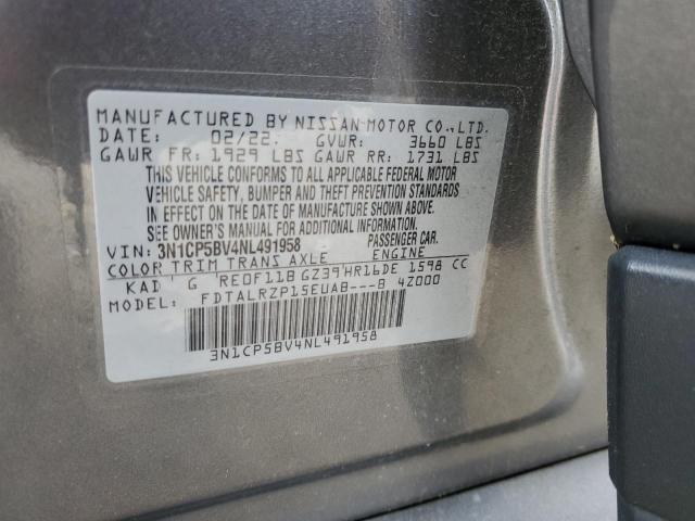 3N1CP5BV4NL491958 - 2022 NISSAN KICKS S GRAY photo 12