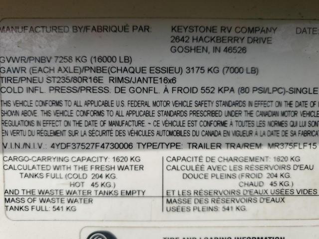 4YDF37527F4730006 - 2015 KEYSTONE MONTANA WHITE photo 10