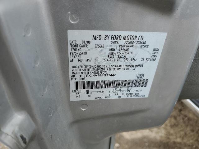 1FTPX14V58FB11447 - 2008 FORD F150 SILVER photo 12