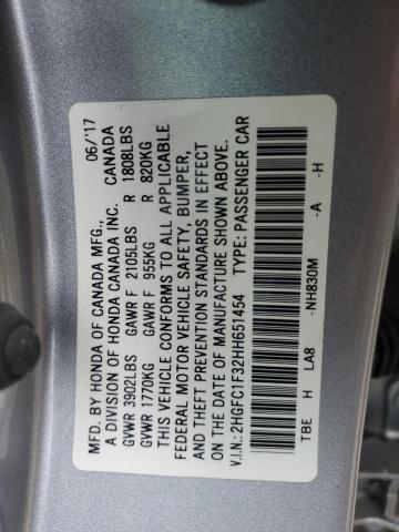 2HGFC1F32HH651454 - 2017 HONDA CIVIC EX SILVER photo 12