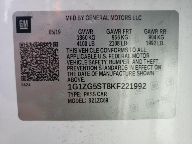 1G1ZG5ST8KF221992 - 2019 CHEVROLET MALIBU RS WHITE photo 12