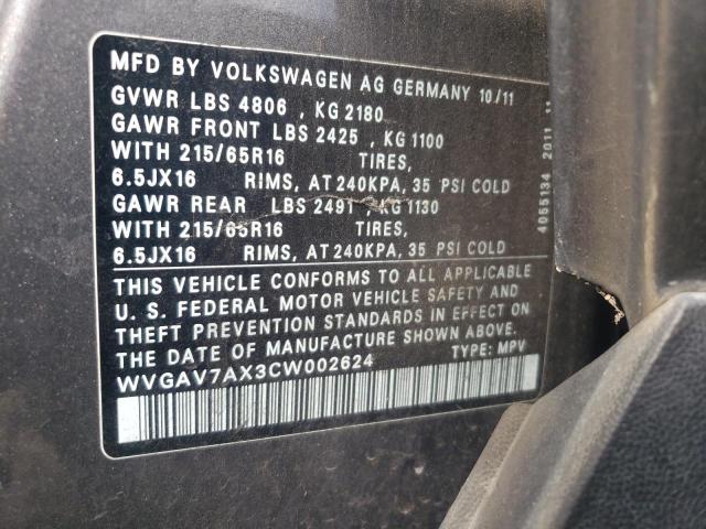 WVGAV7AX3CW002624 - 2012 VOLKSWAGEN TIGUAN S GRAY photo 12