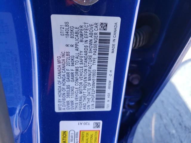 2HGFE2F58NH515603 - 2022 HONDA CIVIC SPORT BLUE photo 12