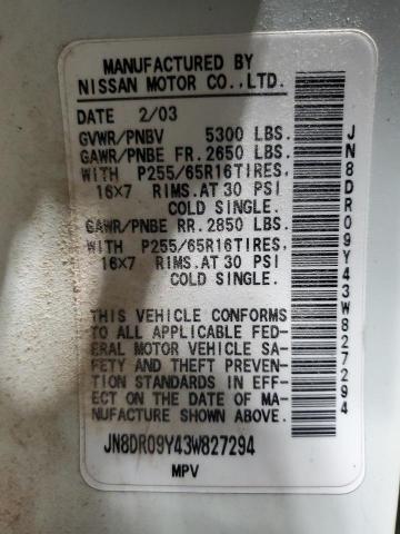 JN8DR09Y43W827294 - 2003 NISSAN PATHFINDER LE თეთრი ფოტო 12