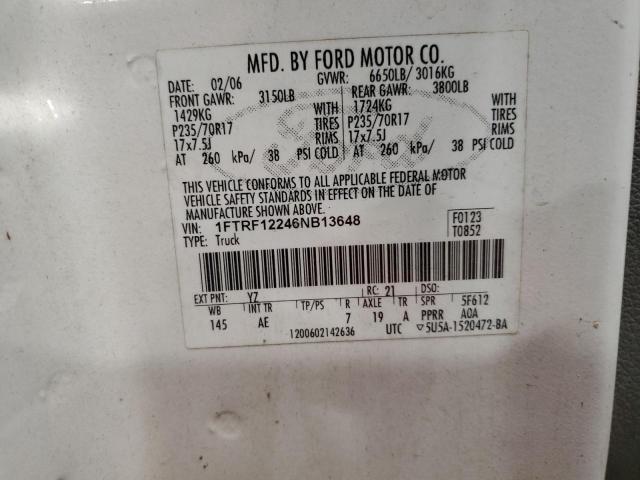 1FTRF12246NB13648 - 2006 FORD F150 WHITE photo 12