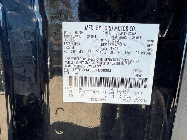 1FTPW14558FB38392 - 2008 FORD F150 SUPERCREW BLACK photo 10