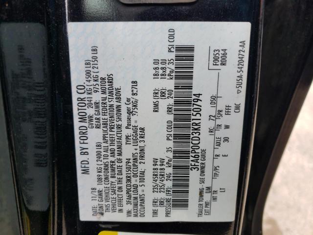 3FA6P0CD3KR150794 - 2019 FORD FUSION SEL BLACK photo 12