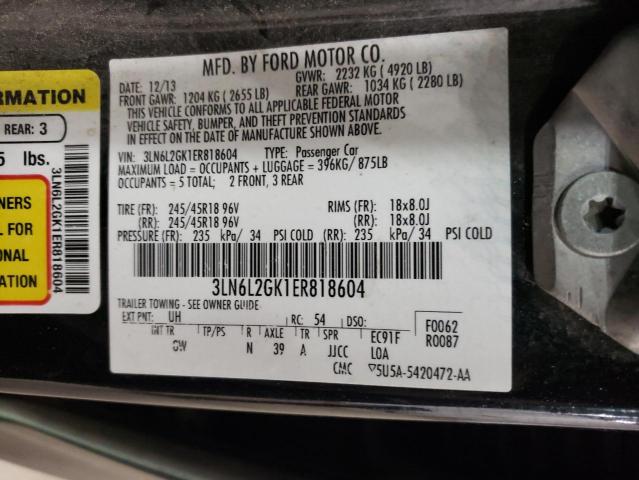 3LN6L2GK1ER818604 - 2014 LINCOLN MKZ BLACK photo 12