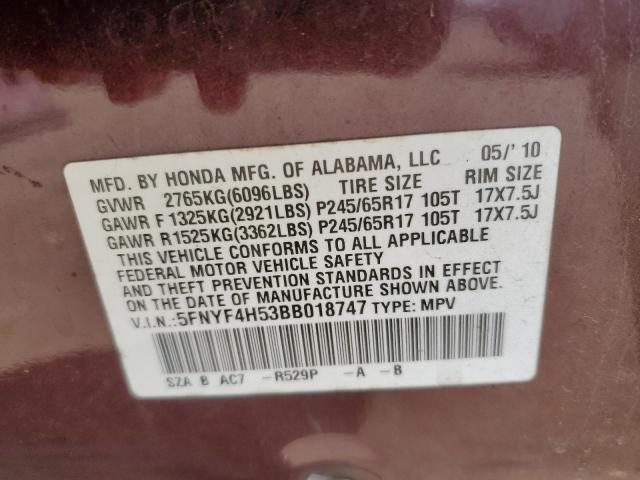 5FNYF4H53BB018747 - 2011 HONDA PILOT EXL BURGUNDY photo 13