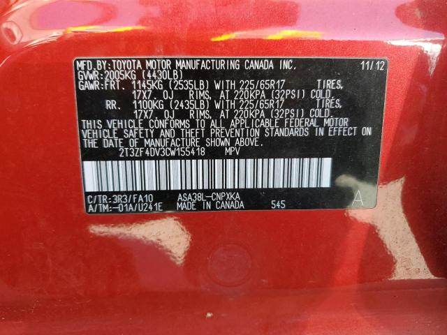 2T3ZF4DV3CW155418 - 2012 TOYOTA RAV4 RED photo 12