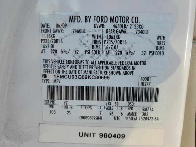 1FMCU93G69KC80695 - 2009 FORD ESCAPE XLT WHITE photo 13