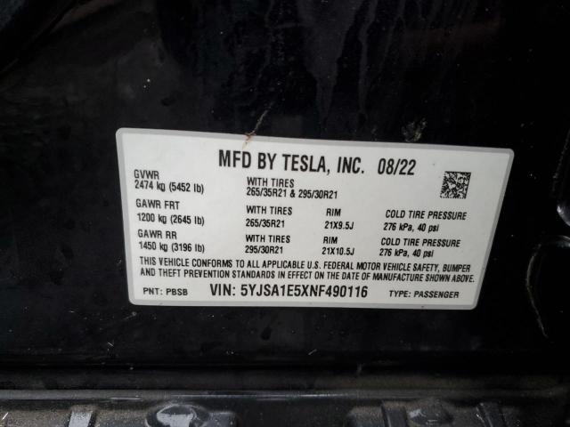 5YJSA1E5XNF490116 - 2022 TESLA MODEL S BLACK photo 12