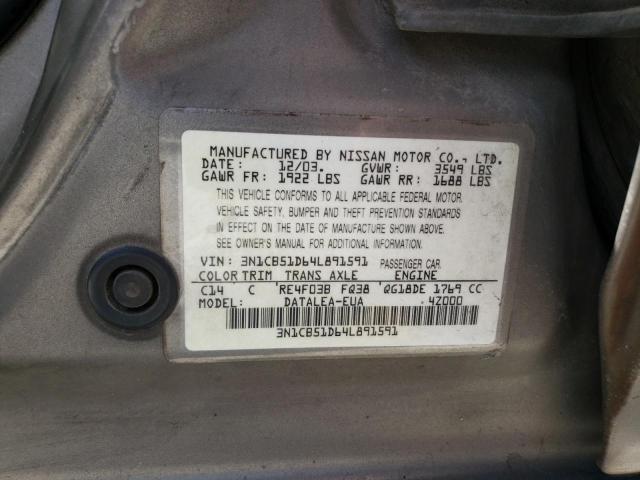 3N1CB51D64L891591 - 2004 NISSAN SENTRA 1.8 BEIGE photo 12