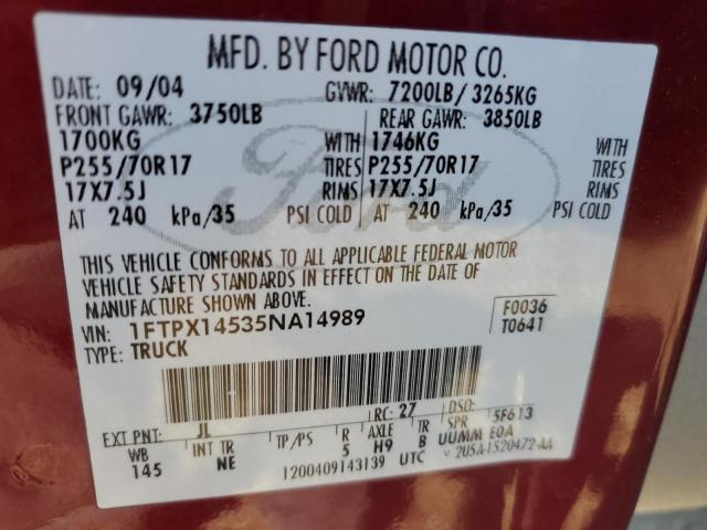 1FTPX14535NA14989 - 2005 FORD F150 BURGUNDY photo 12