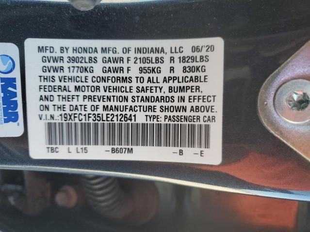 19XFC1F35LE212641 - 2020 HONDA CIVIC EX BLUE photo 12