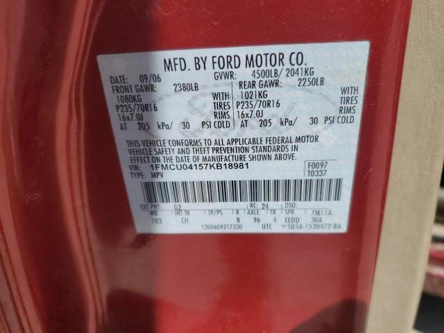 1FMCU04157KB18981 - 2007 FORD ESCAPE LIMITED RED photo 12