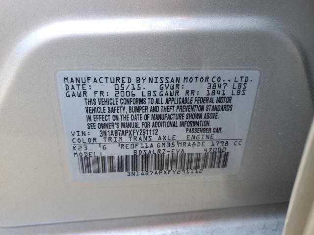 3N1AB7APXFY291112 - 2015 NISSAN SENTRA S SILVER photo 12