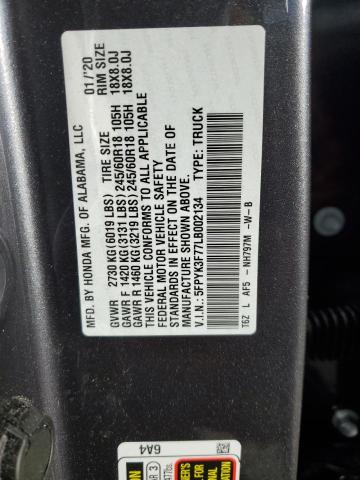 5FPYK3F77LB002134 - 2020 HONDA RIDGELINE RTL GRAY photo 12