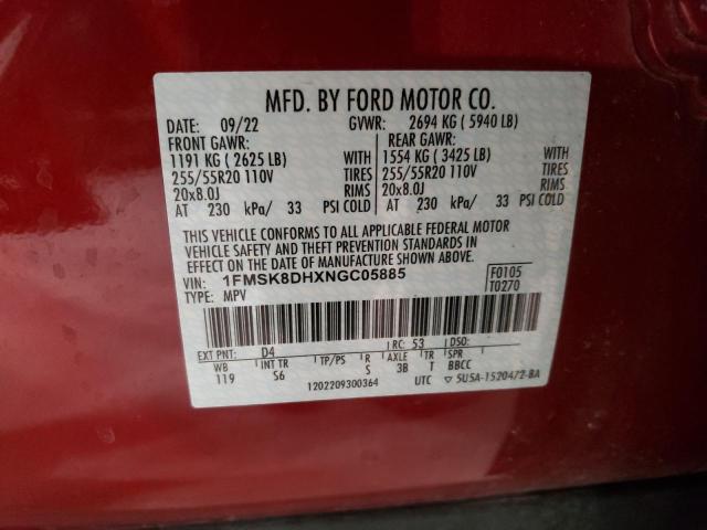 1FMSK8DHXNGC05885 - 2022 FORD EXPLORER XLT RED photo 13