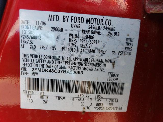 2FMDK48C07BA50693 - 2007 FORD EDGE SEL RED photo 12