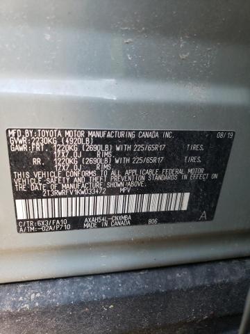 2T3RWRFV1KW033472 - 2019 TOYOTA RAV4 XLE GRAY photo 13