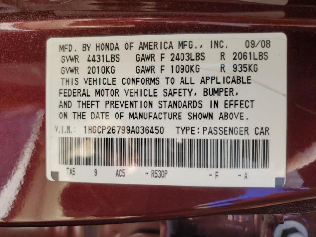 1HGCP26799A036450 - 2009 HONDA ACCORD EX MAROON photo 12