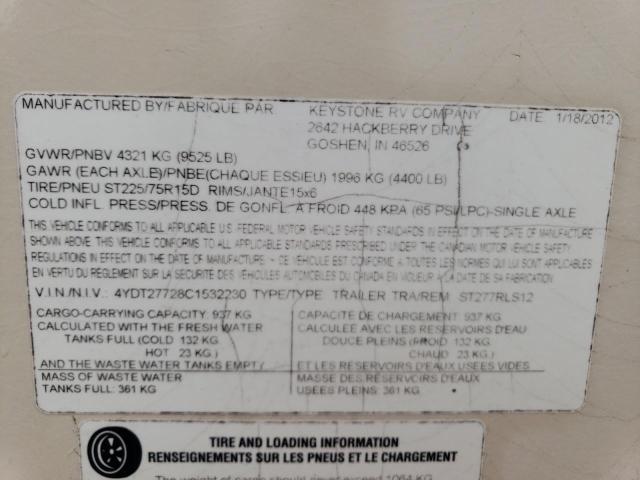 4YDT27728C1532230 - 2012 KEYSTONE SPRINTER WHITE photo 10