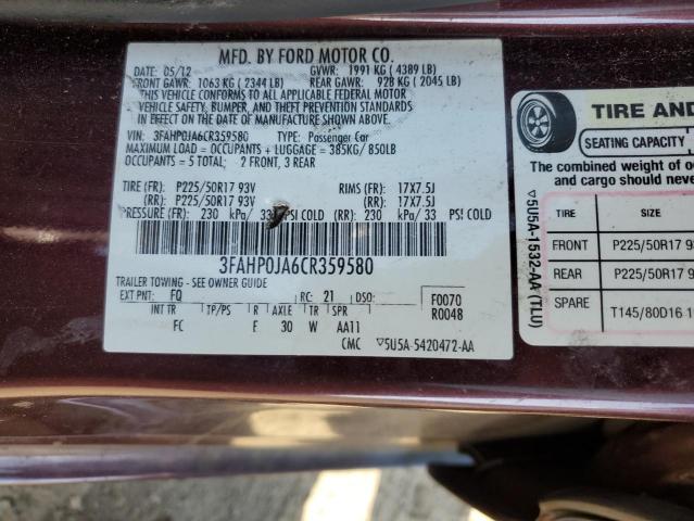 3FAHP0JA6CR359580 - 2012 FORD FUSION SEL MAROON photo 12