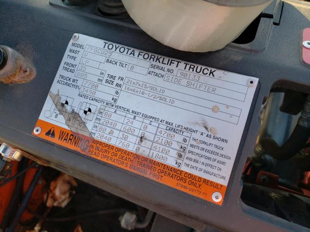 7FGCU2590133 - 2005 TOYOTA FORKLIFT ORANGE photo 10