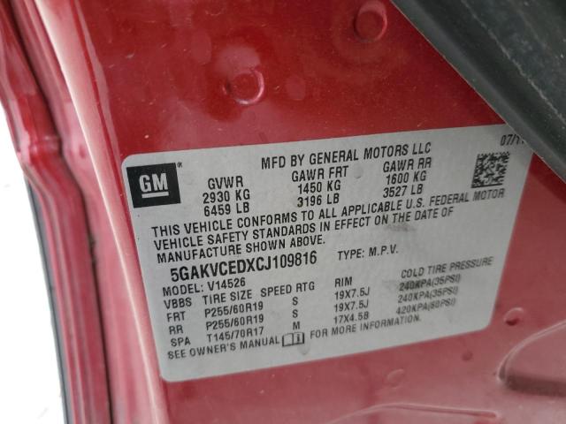 5GAKVCEDXCJ109816 - 2012 BUICK ENCLAVE RED photo 13