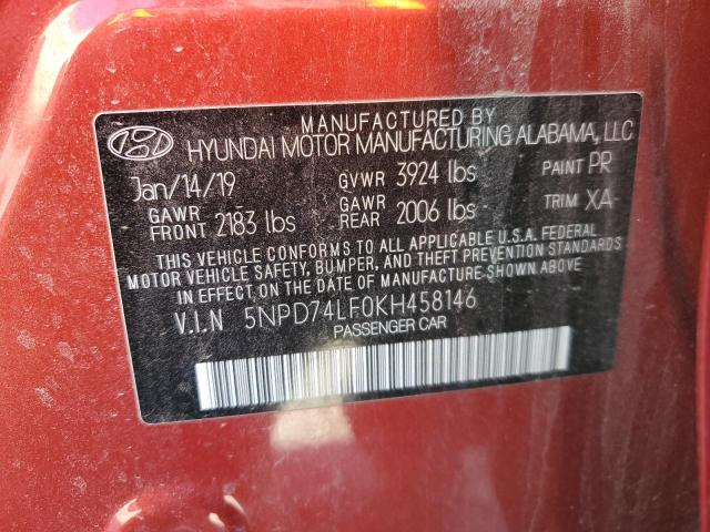 5NPD74LF0KH458146 - 2019 HYUNDAI ELANTRA SE RED photo 12