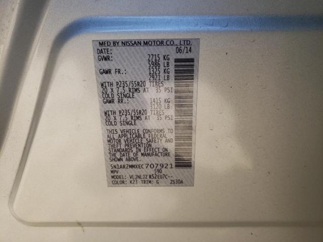 5N1AR2MMXEC707921 - 2014 NISSAN PATHFINDER S 银色 照片 10