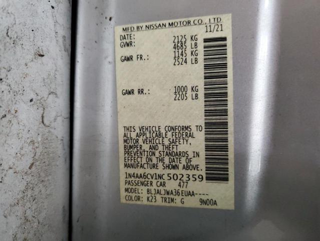 1N4AA6CV1NC502359 - 2022 NISSAN MAXIMA SV SILVER photo 12