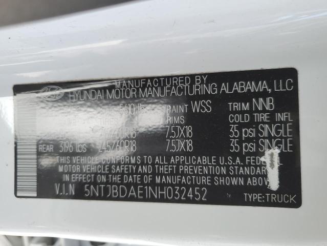 5NTJBDAE1NH032452 - 2022 HYUNDAI SANTA CRUZ SEL WHITE photo 12