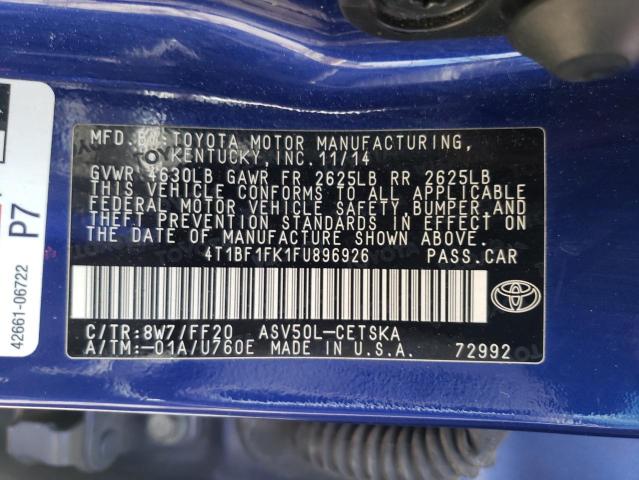 4T1BF1FK1FU896926 - 2015 TOYOTA CAMRY LE BLUE photo 10