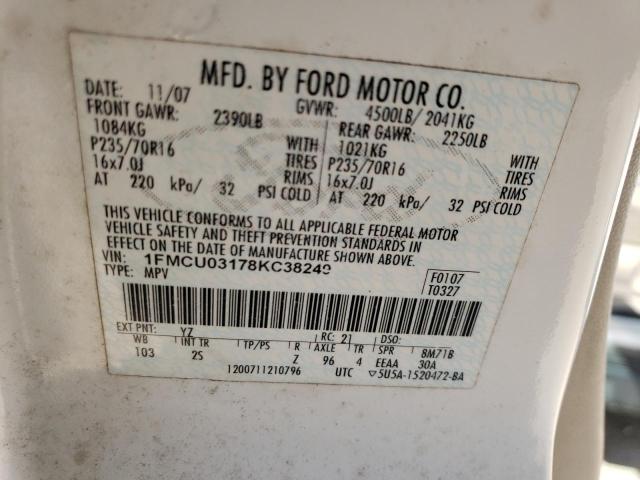 1FMCU03178KC38249 - 2008 FORD ESCAPE XLT WHITE photo 12