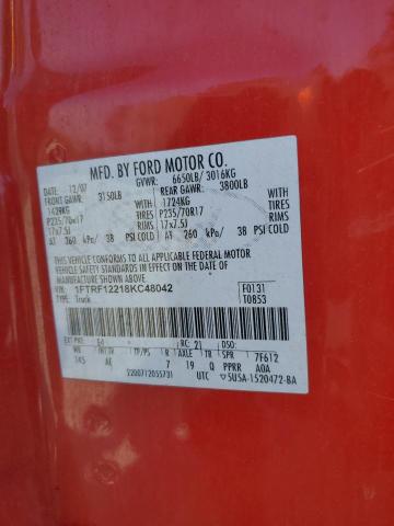 1FTRF12218KC48042 - 2008 FORD F150 RED photo 12