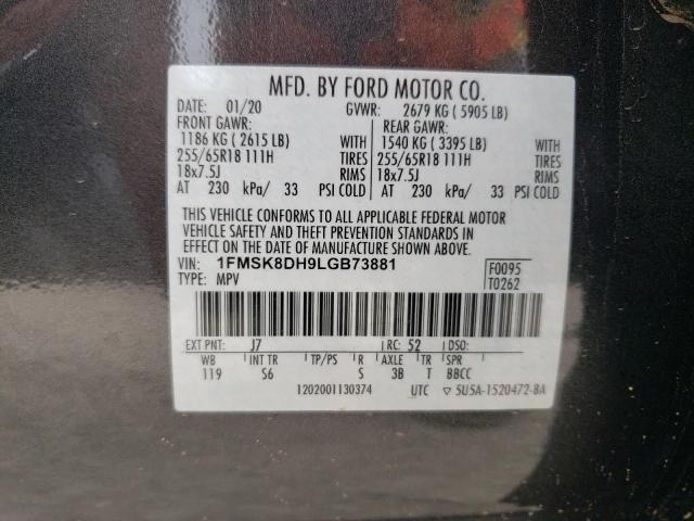 1FMSK8DH9LGB73881 - 2020 FORD EXPLORER XLT GRAY photo 13