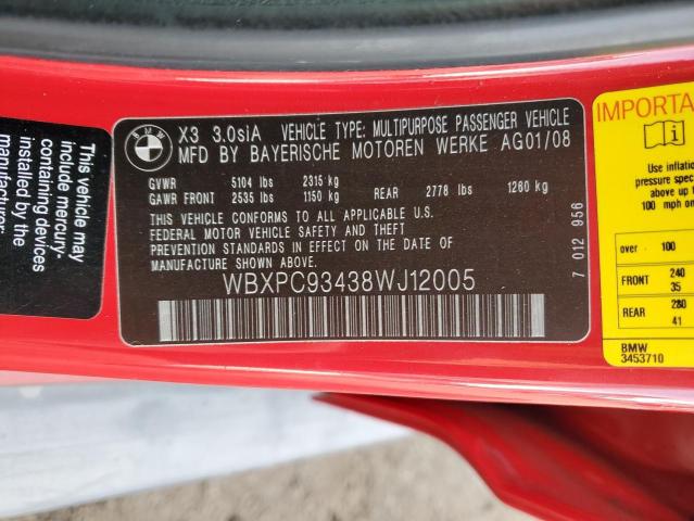 WBXPC93438WJ12005 - 2008 BMW X3 3.0SI RED photo 13