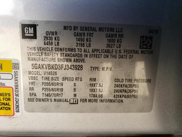 5GAKVBKD3FJ343928 - 2015 BUICK ENCLAVE SILVER photo 14