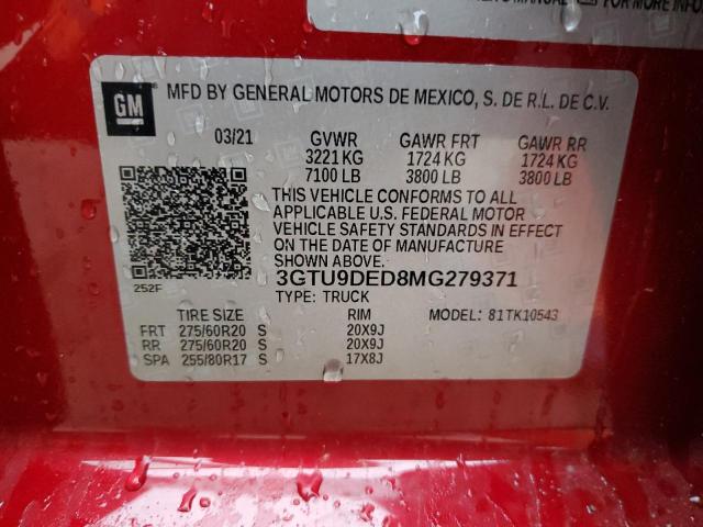 3GTU9DED8MG279371 - 2021 GMC SIERRA K1500 SLT RED photo 12