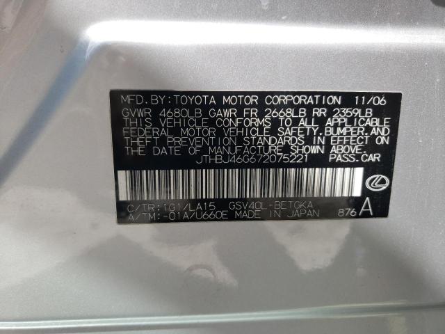 JTHBJ46G672075221 - 2007 LEXUS ES 350 SILVER photo 12