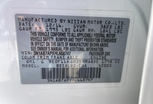 3N1AB7APXHL668747 - 2017 NISSAN SENTRA S WHITE photo 10