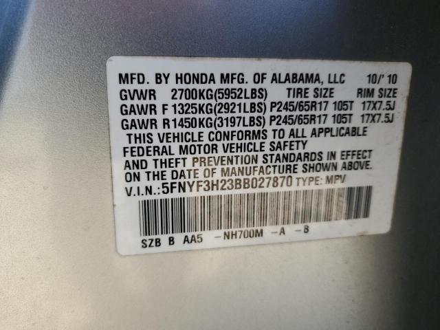 5FNYF3H23BB027870 - 2011 HONDA PILOT LX SILVER photo 12