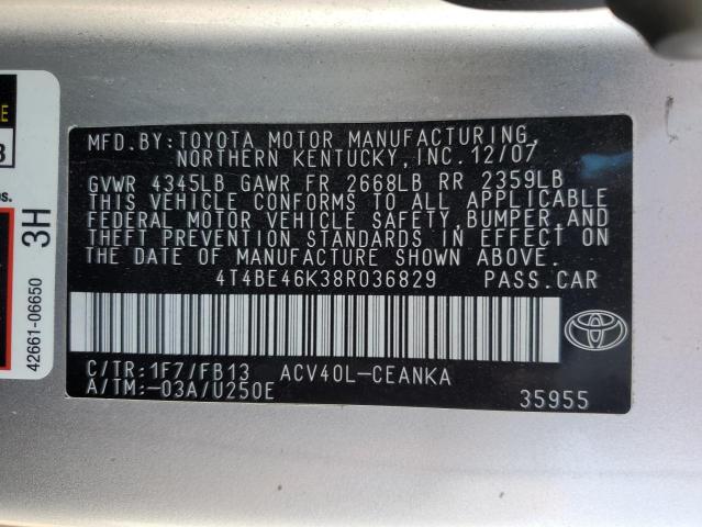 4T4BE46K38R036829 - 2008 TOYOTA CAMRY CE SILVER photo 12